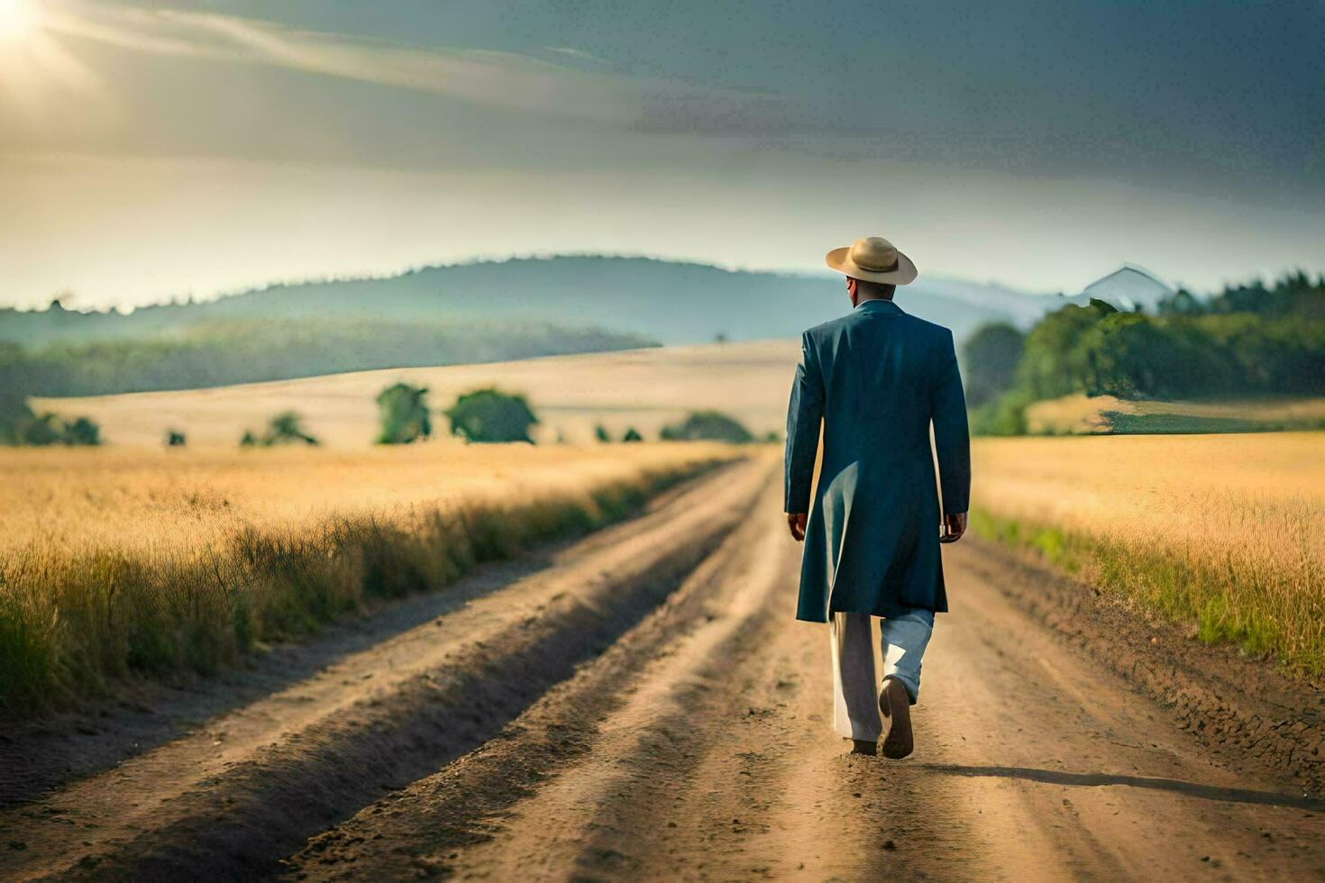 a man in a hat and coat walks down a dirt road. AI-Generated photo