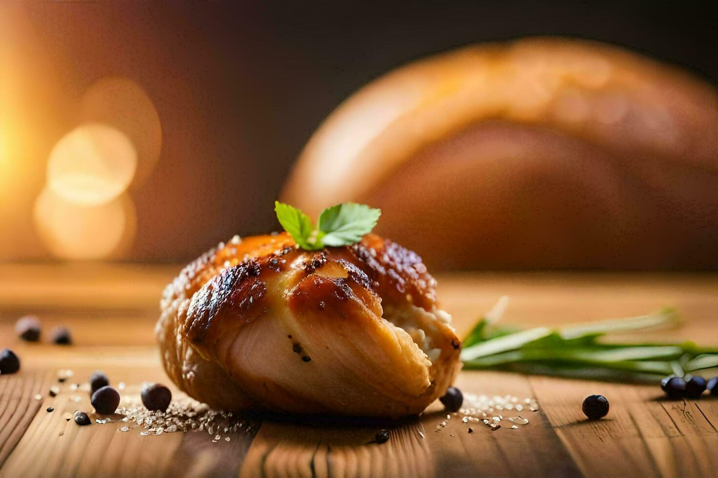 a piece of meat on a wooden table. AI-Generated photo