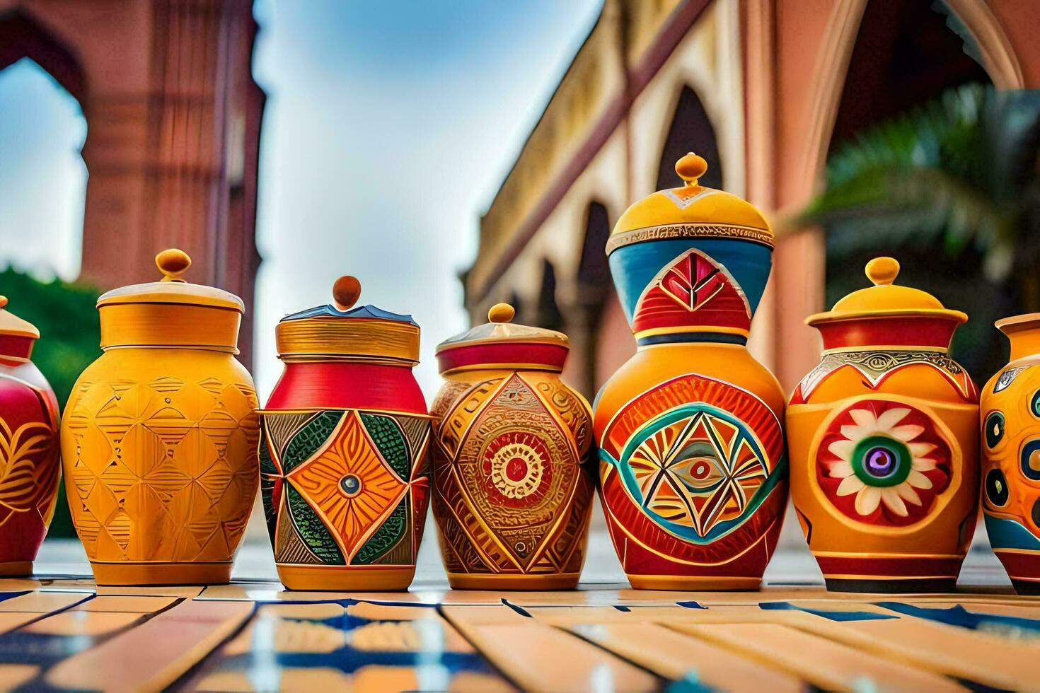 colorful vases lined up on a table. AI-Generated photo