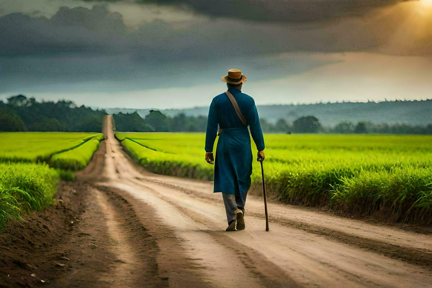 a man walking down a dirt road in a field. AI-Generated photo