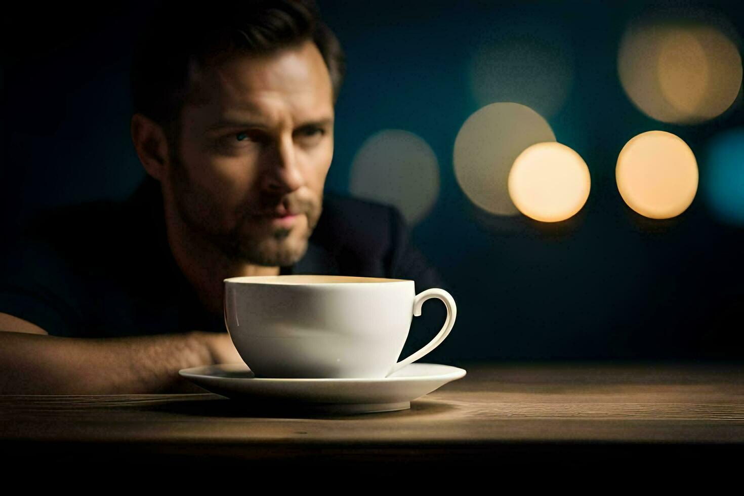 hombre sentado a un mesa con un taza de café. generado por ai foto