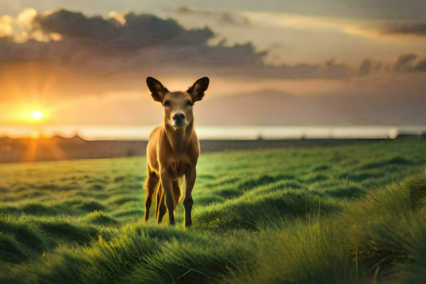 un ciervo soportes en un campo a puesta de sol. generado por ai foto