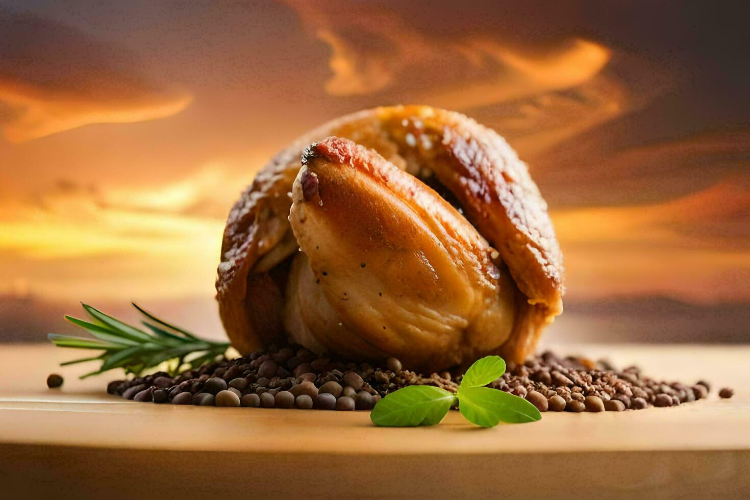 a roasted chicken on a plate with spices. AI-Generated photo