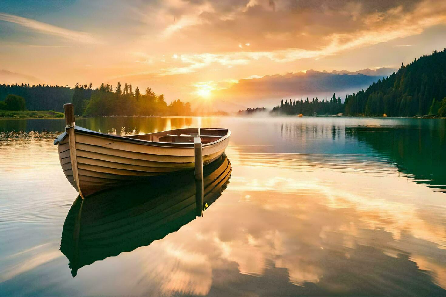 a boat on the lake at sunset. AI-Generated photo