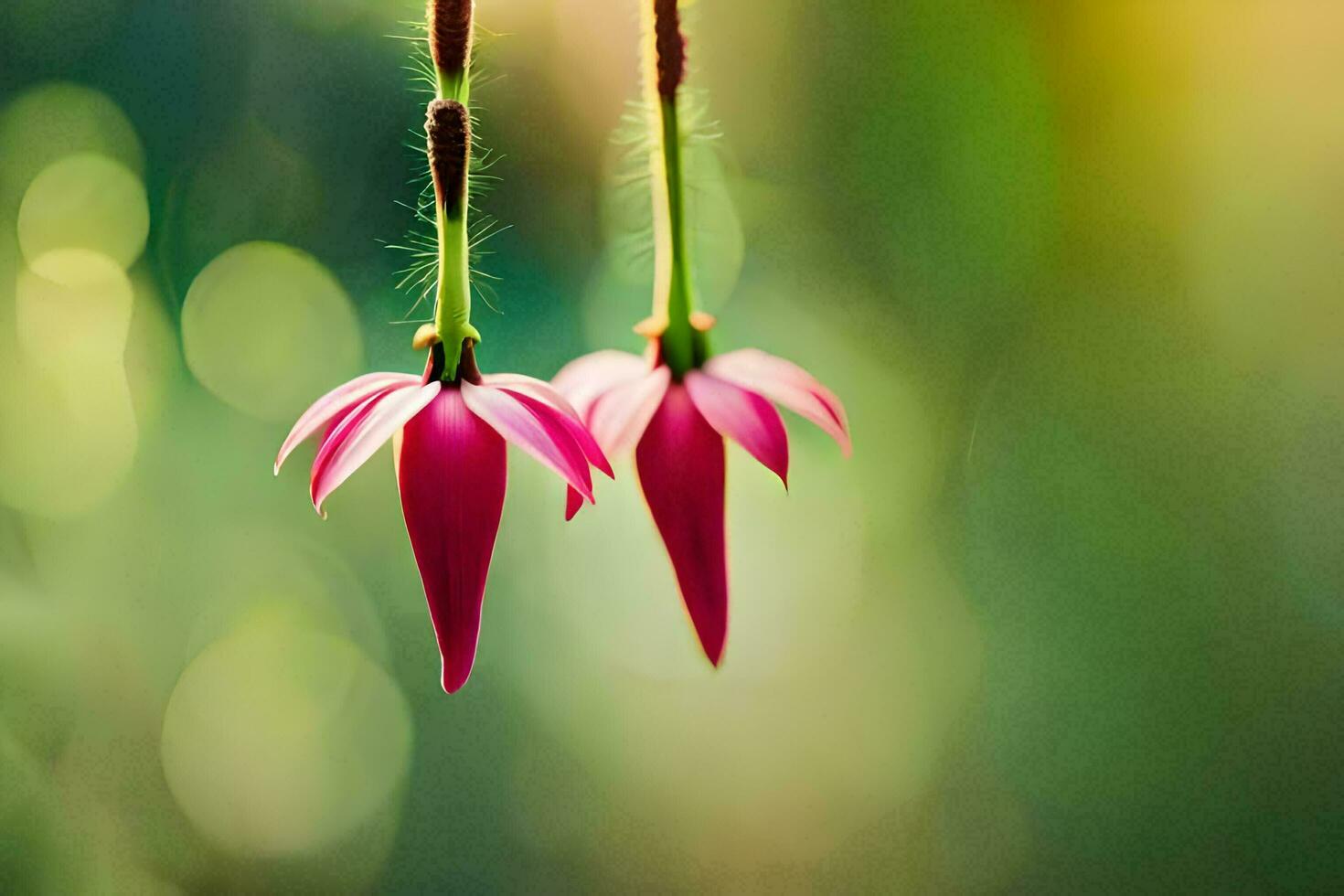 two pink flowers hanging from a vine. AI-Generated photo