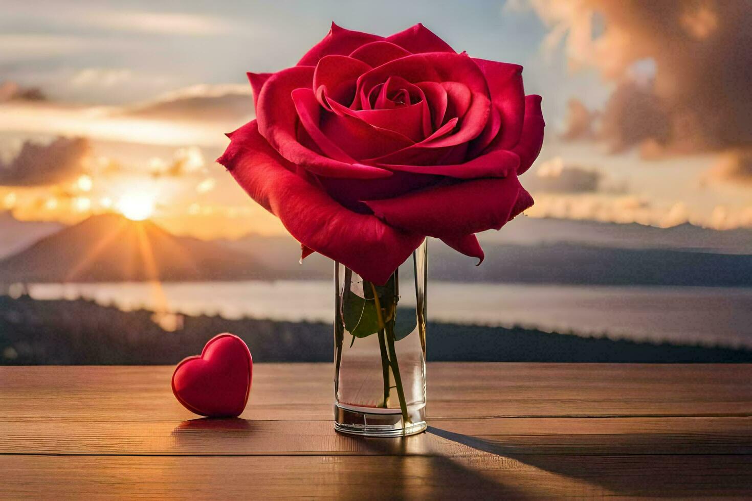 a red rose in a vase with a heart shaped object. AI-Generated photo