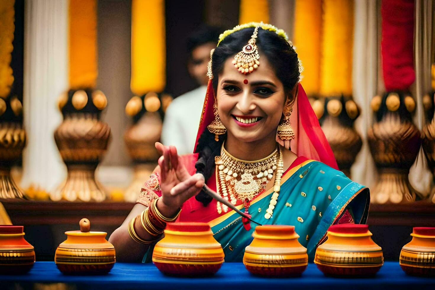 a woman in traditional indian attire is holding a candle. AI-Generated photo