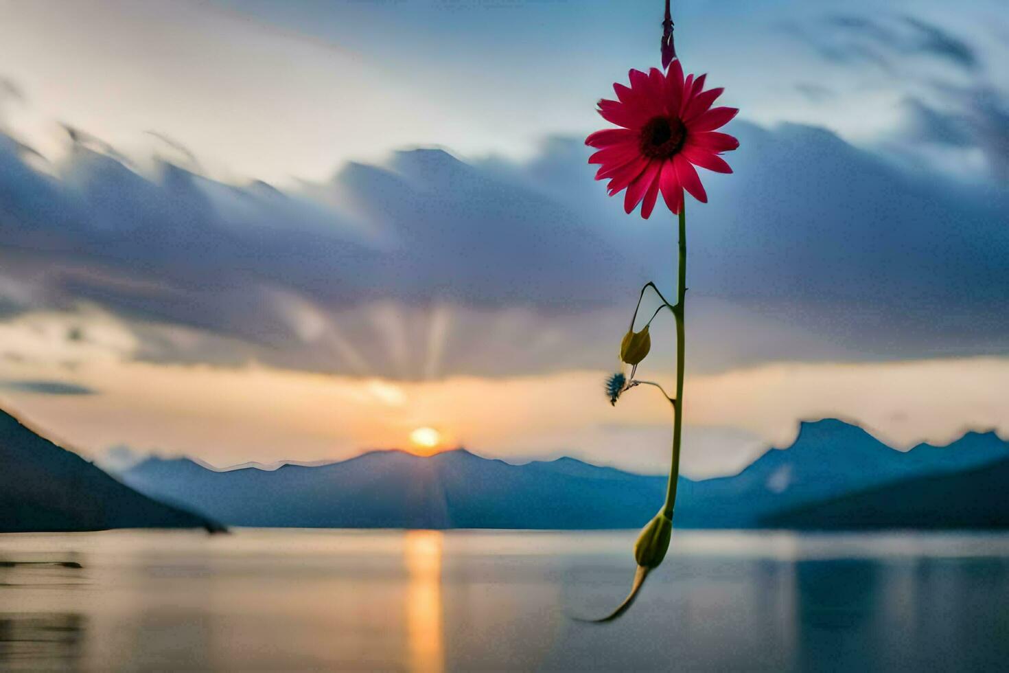 a flower hanging from a vine over a lake. AI-Generated photo