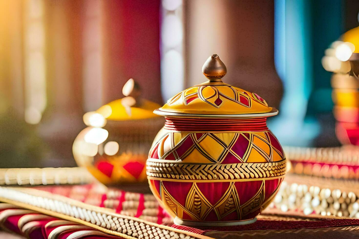 colorful vases on a table with a golden light. AI-Generated photo