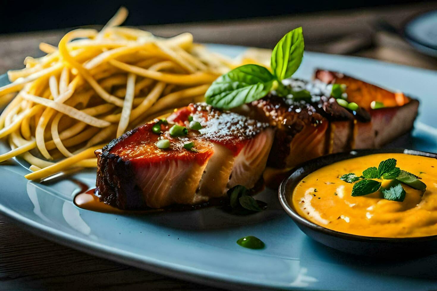 a plate with a piece of meat and noodles. AI-Generated photo