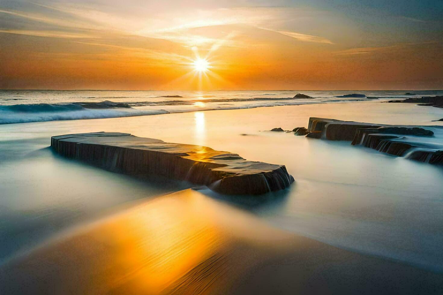 the sun rises over the ocean in this long exposure photograph. AI-Generated photo