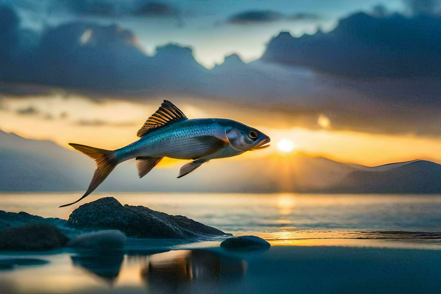 un pescado saltando fuera de el agua a puesta de sol. generado por ai foto