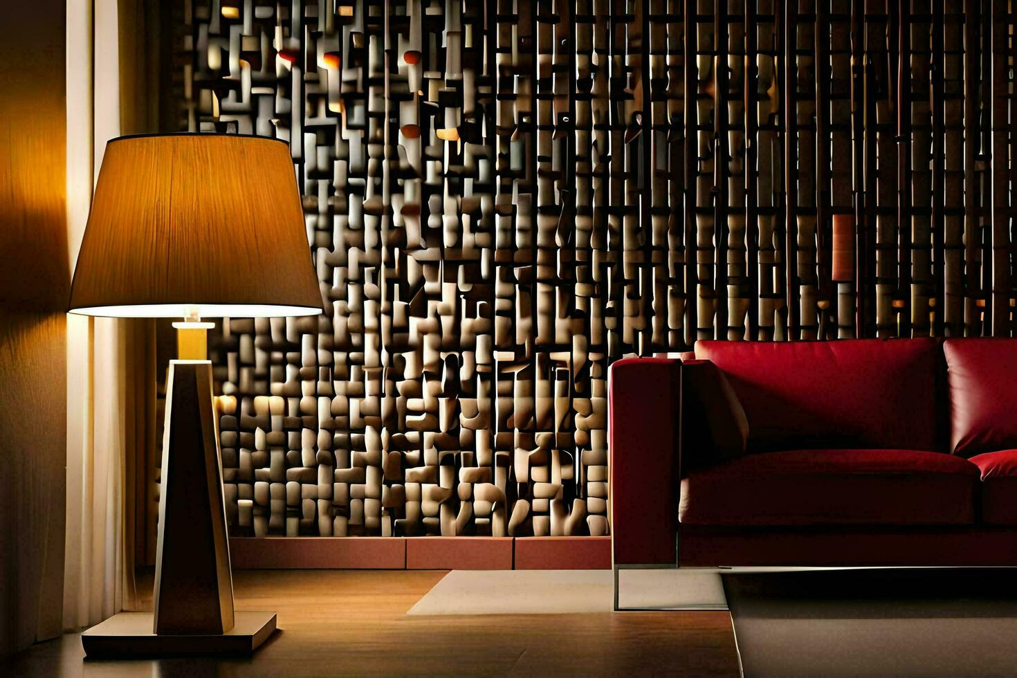 a red couch and lamp in front of a wall. AI-Generated photo