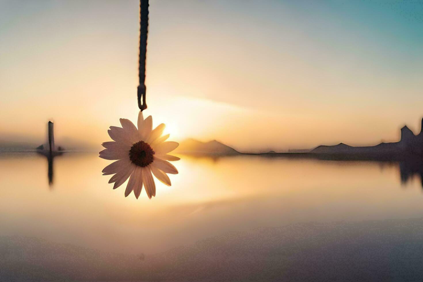 un flor colgando desde un cuerda terminado un cuerpo de agua. generado por ai foto