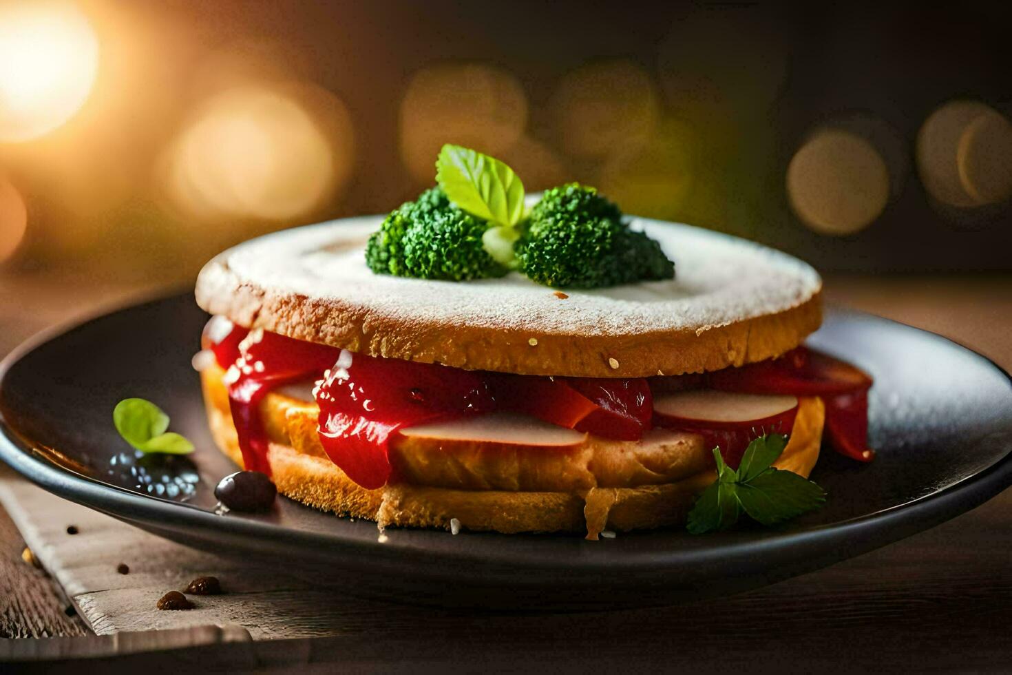 a sandwich with broccoli and strawberries on a plate. AI-Generated photo