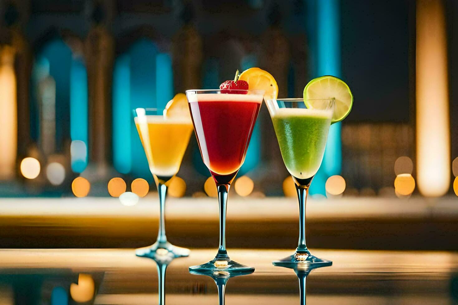 three different colored cocktails sit on a table. AI-Generated photo