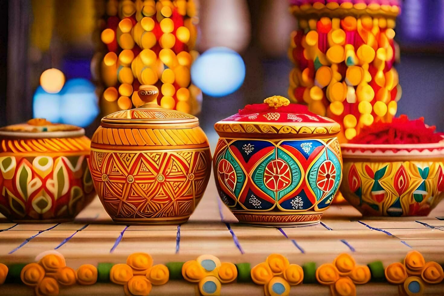 colorful pots and jars are displayed on a table. AI-Generated photo