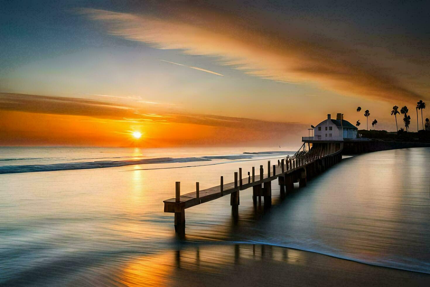 a pier with a house and the sun setting over the ocean. AI-Generated photo
