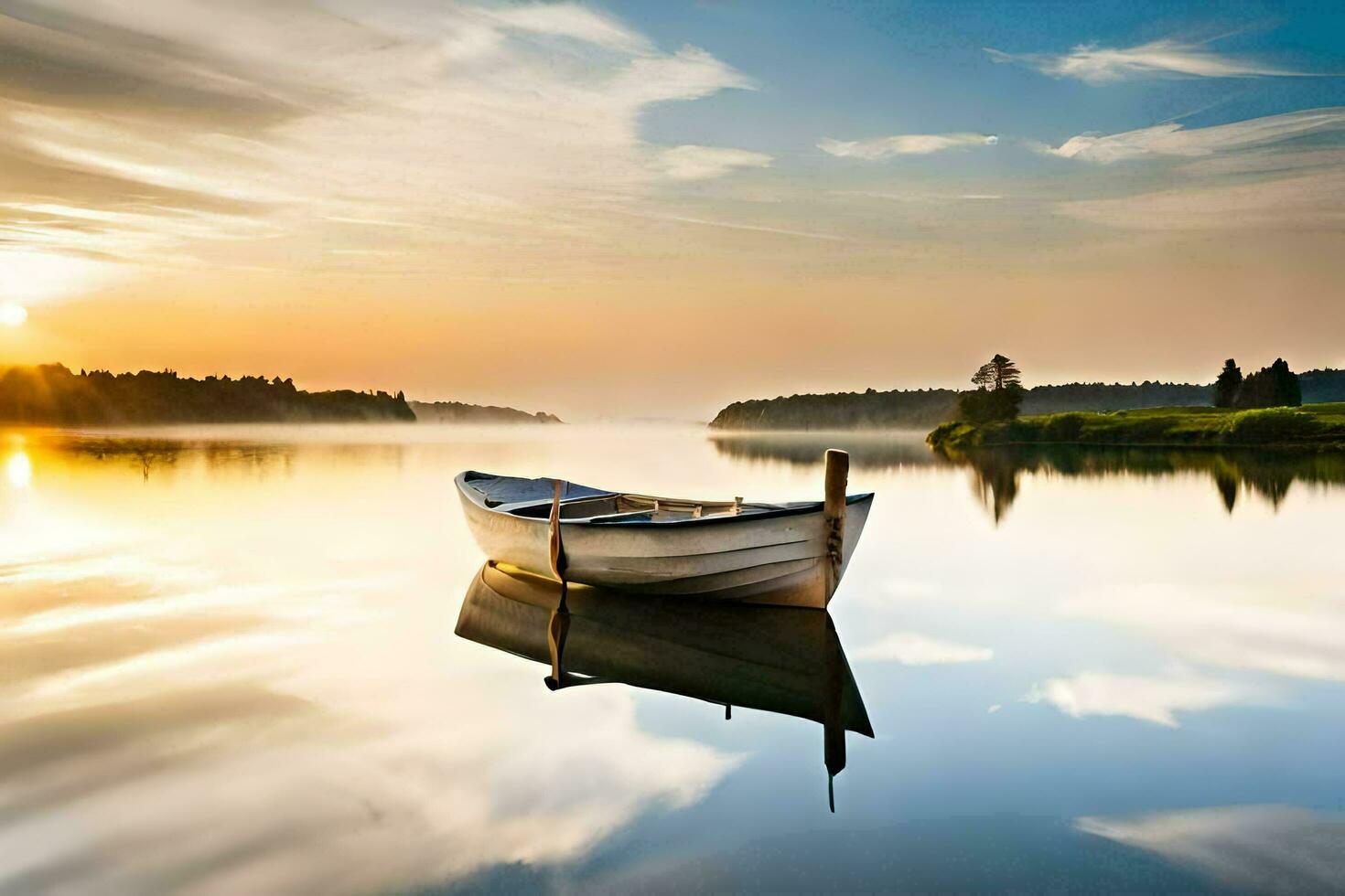 a boat sits on the water at sunset. AI-Generated photo