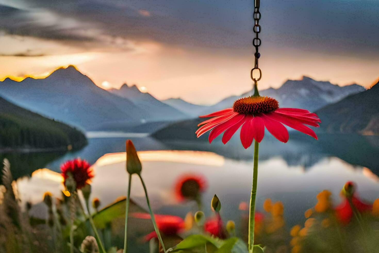 a red flower is in front of a lake and mountains. AI-Generated photo