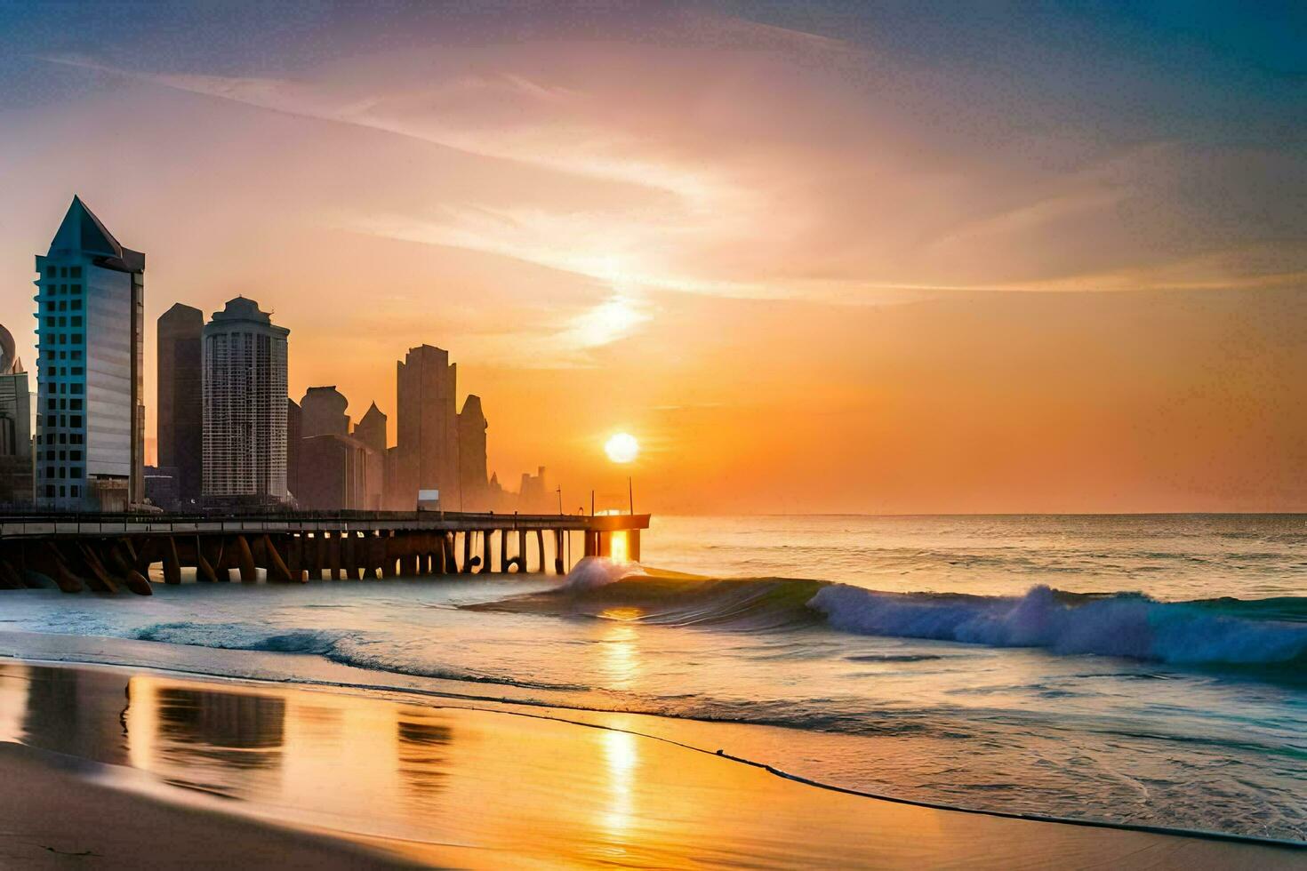 the sun rises over the city skyline in dubai. AI-Generated photo
