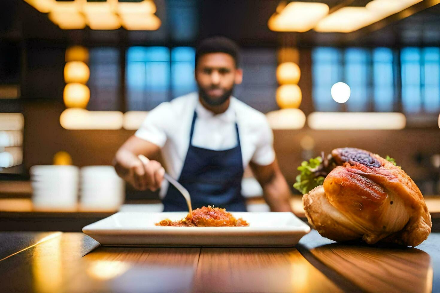 a man in an apron is preparing a turkey on a plate. AI-Generated photo