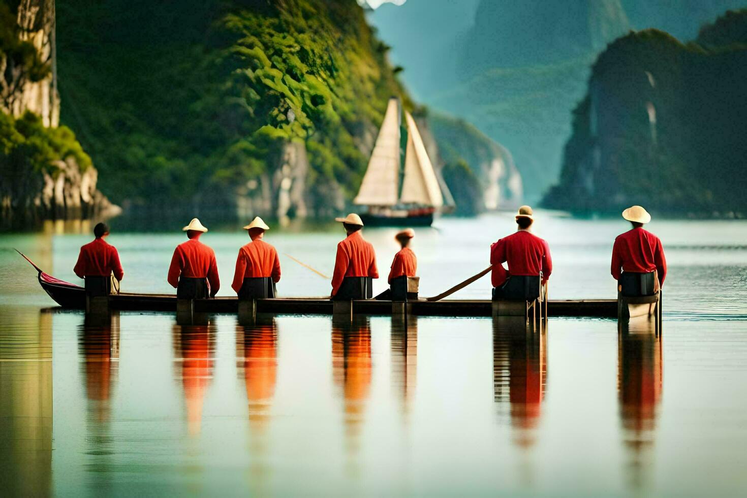 a group of people in red shirts on a boat. AI-Generated photo