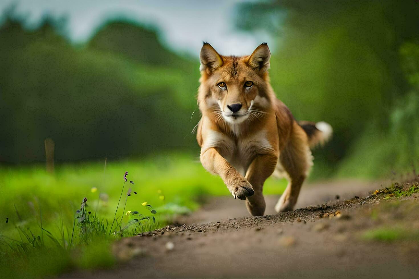 a red wolf running on a dirt road. AI-Generated photo