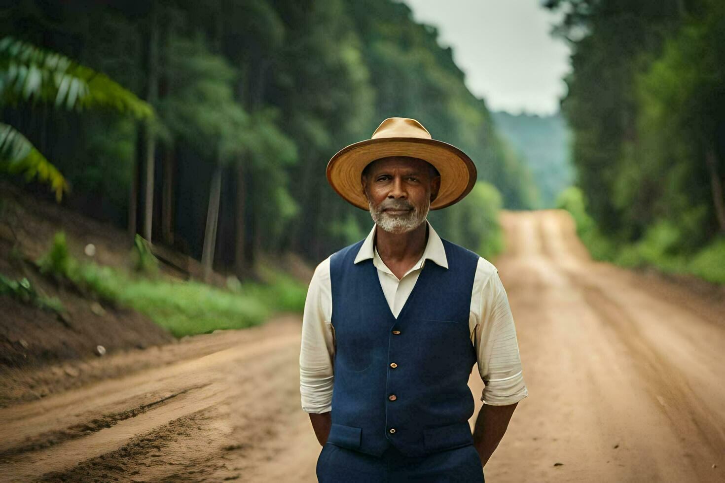 an old man wearing a hat and vest standing on a dirt road. AI-Generated photo