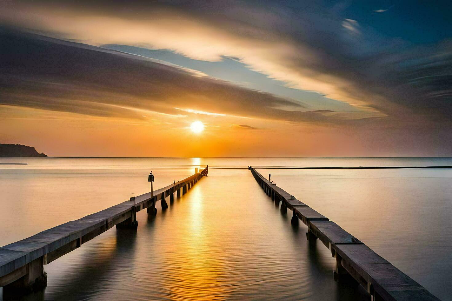 a long pier in the ocean at sunset. AI-Generated photo