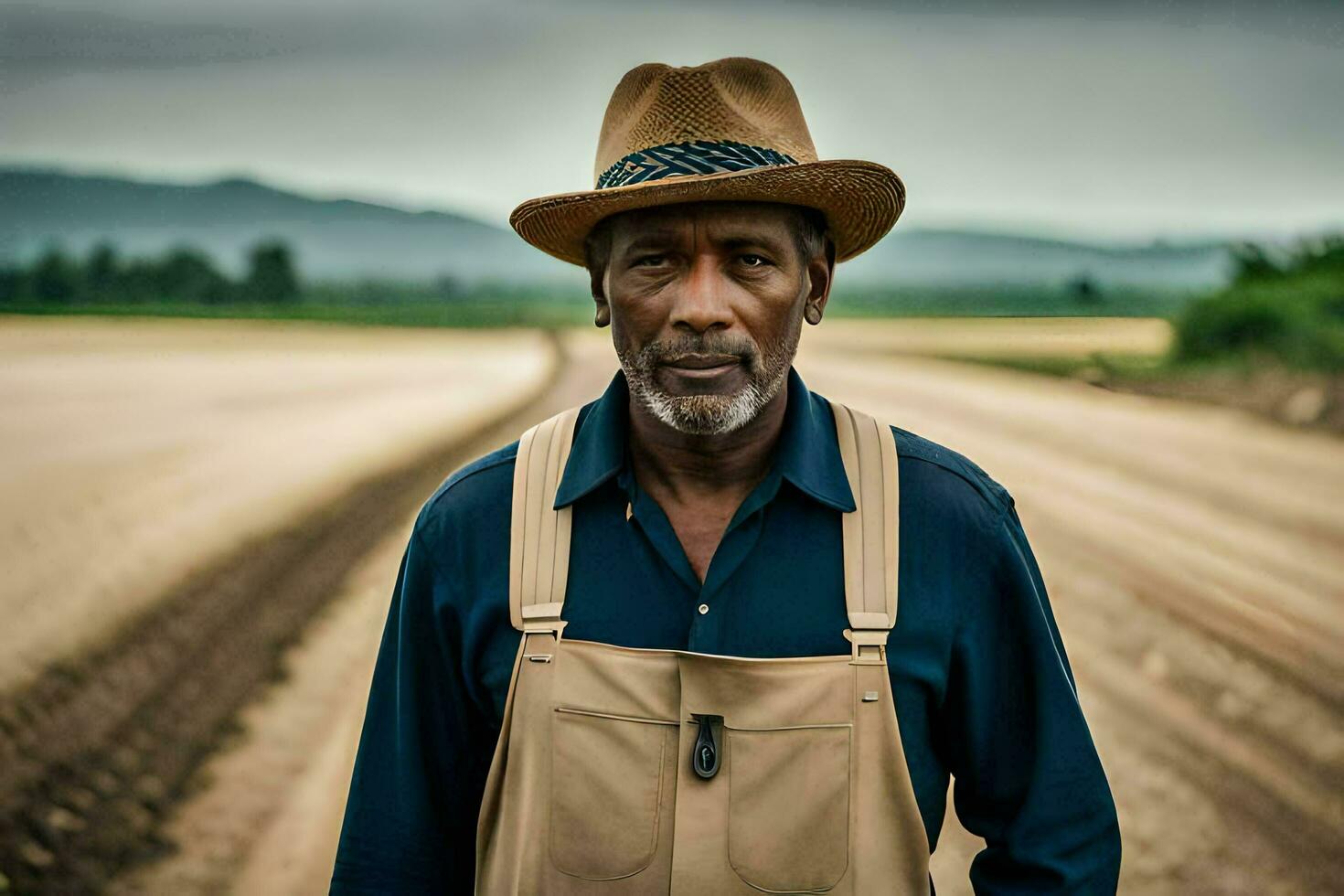 a man in a hat standing in a dirt road. AI-Generated photo