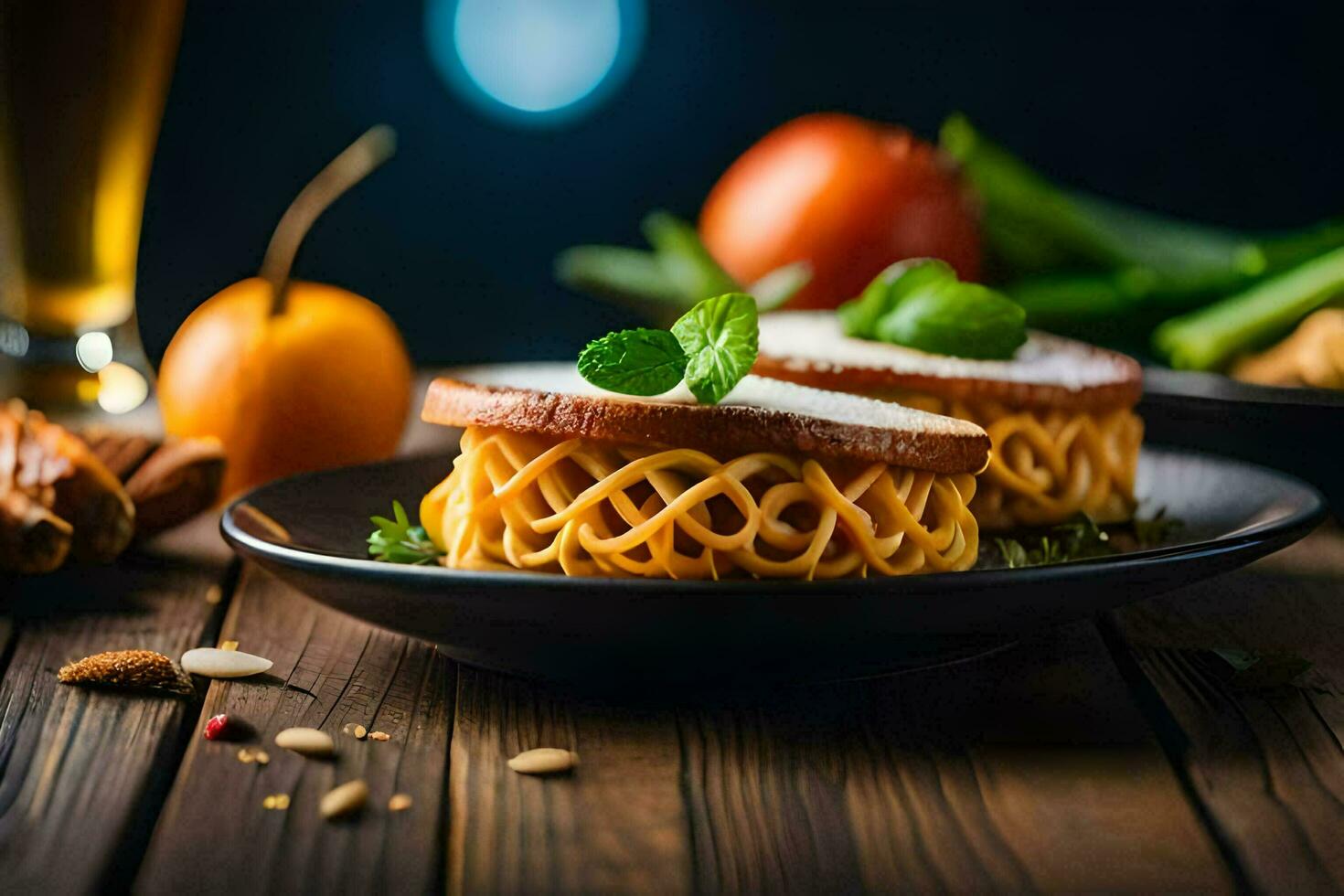 a plate of pasta with cheese and vegetables. AI-Generated photo