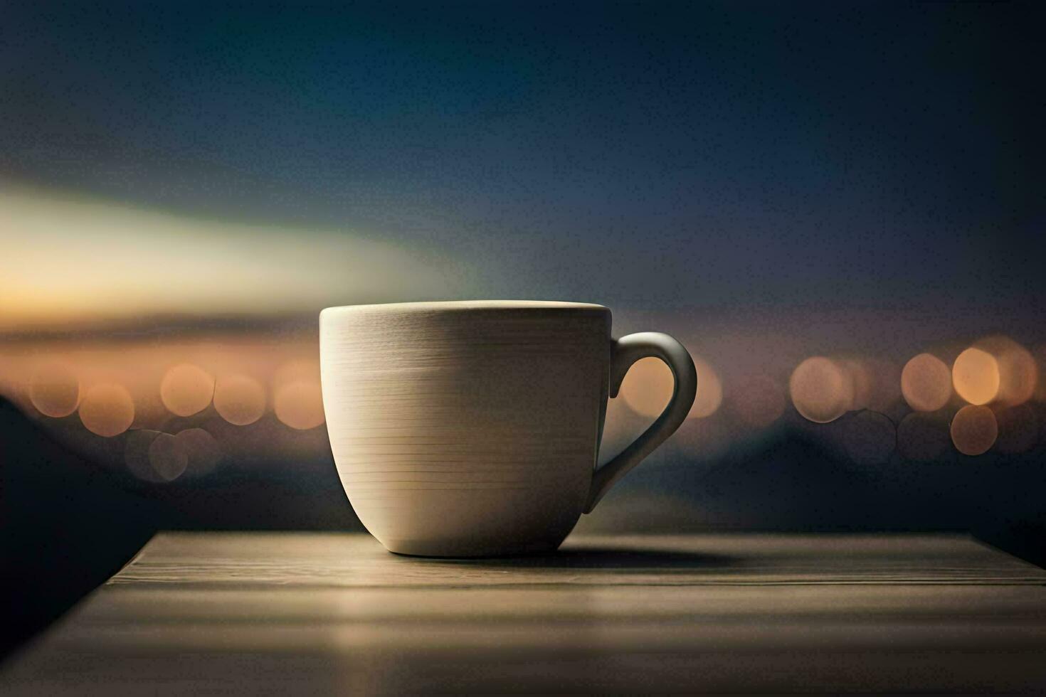 coffee cup on table with city lights in background. AI-Generated photo