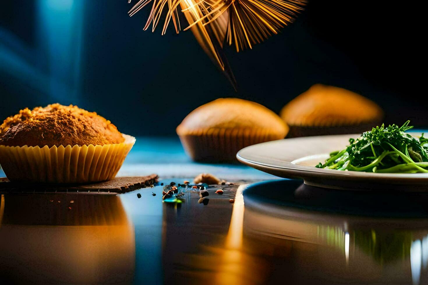 a plate with a cupcake and some food on it. AI-Generated photo