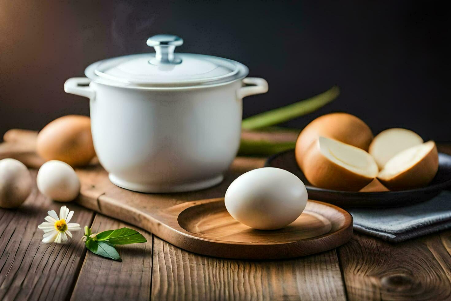 eggs and a pot on a wooden table. AI-Generated photo