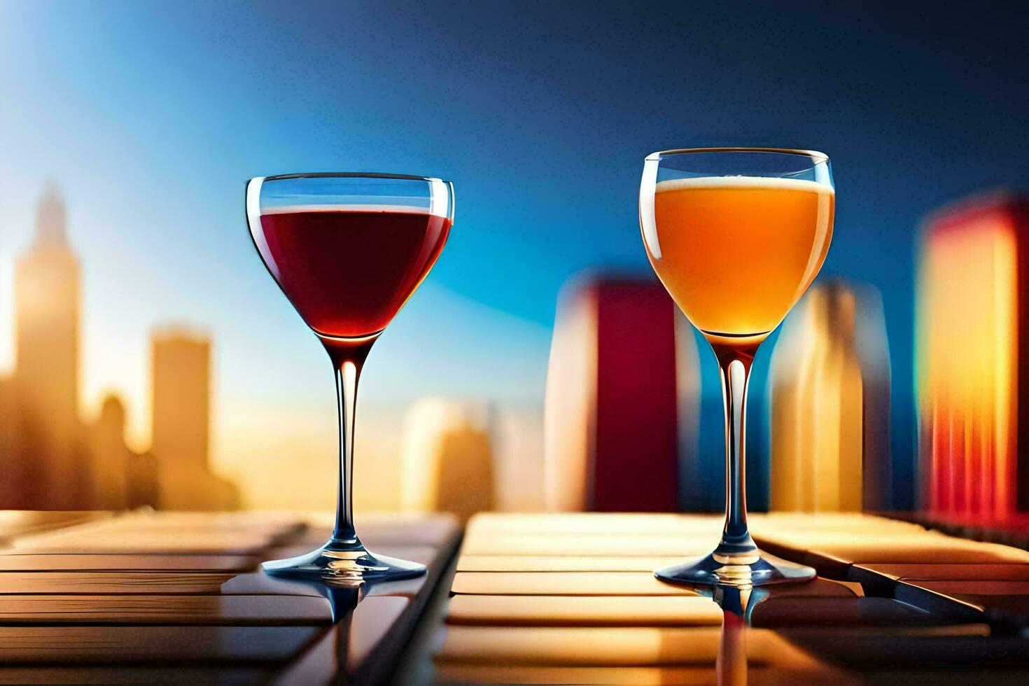 two glasses of wine on a table in front of a city skyline. AI-Generated photo