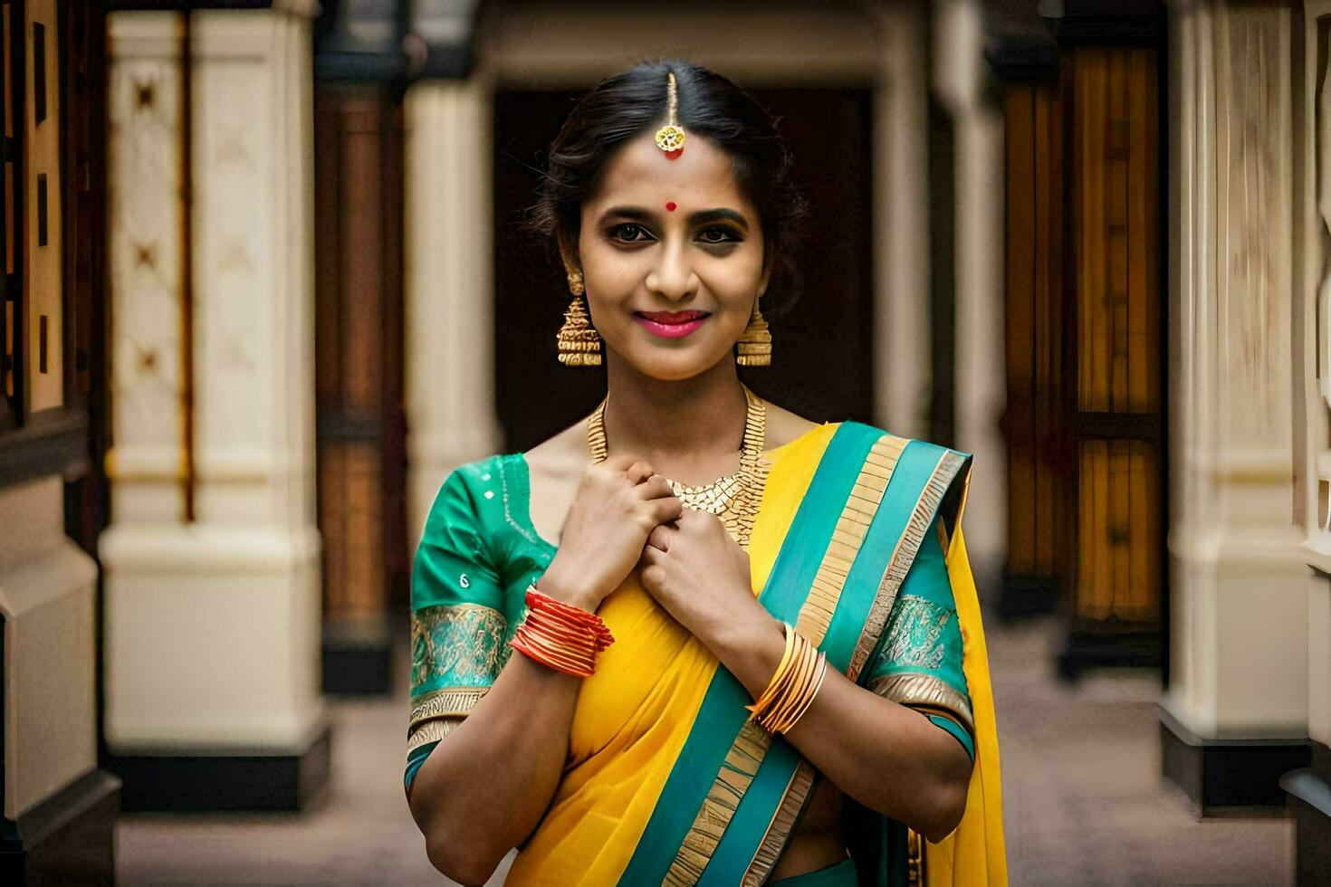 a woman in a yellow and green sari. AI-Generated photo