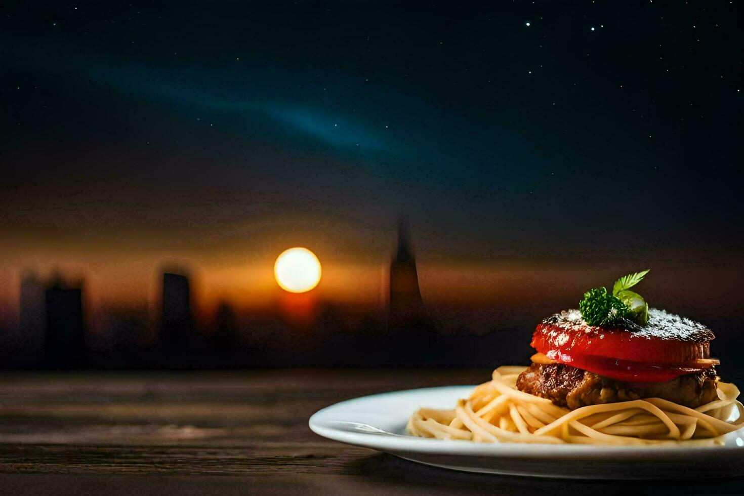 spaghetti with tomato and meat on a plate with a cityscape in the background. AI-Generated photo