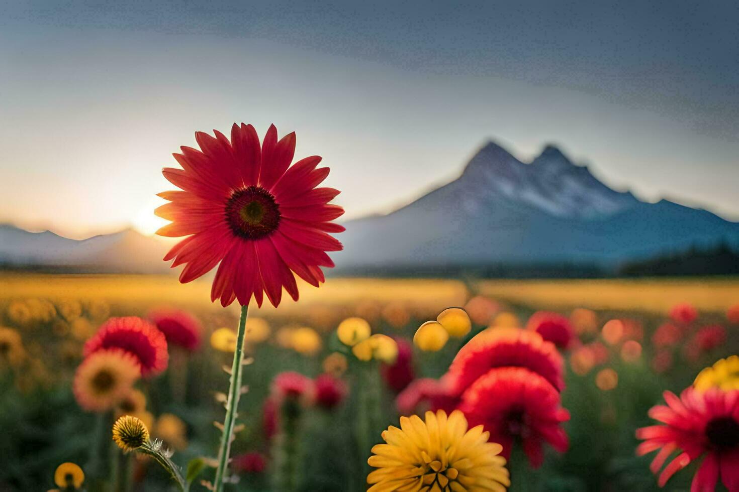 red flowers in a field with mountains in the background. AI-Generated photo