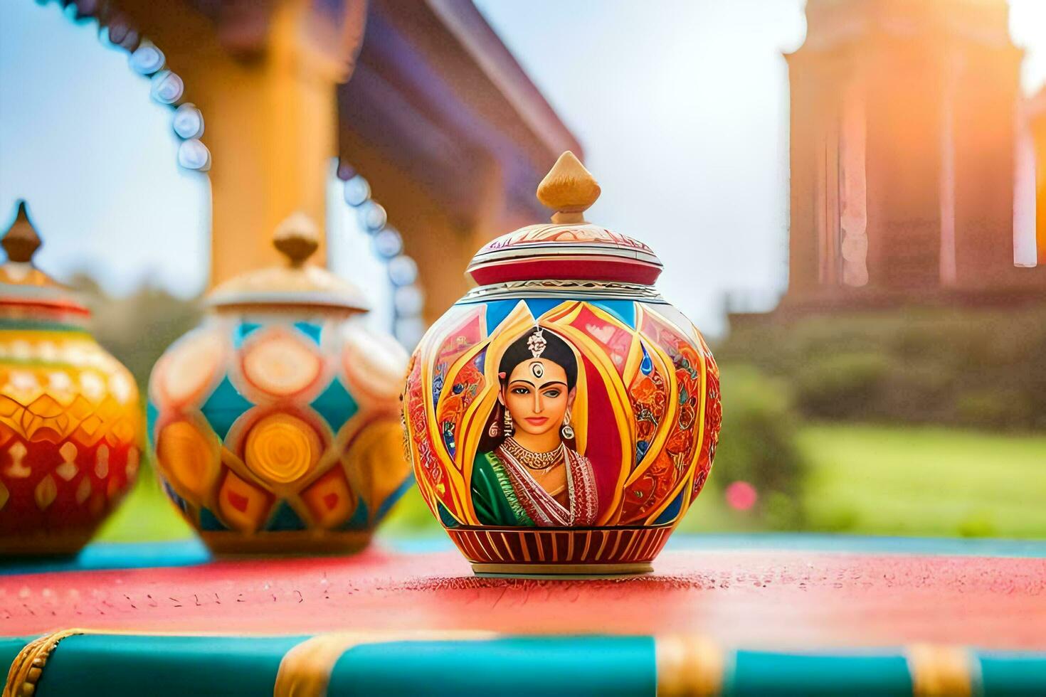 three colorful vases on a table with a golden dome. AI-Generated photo