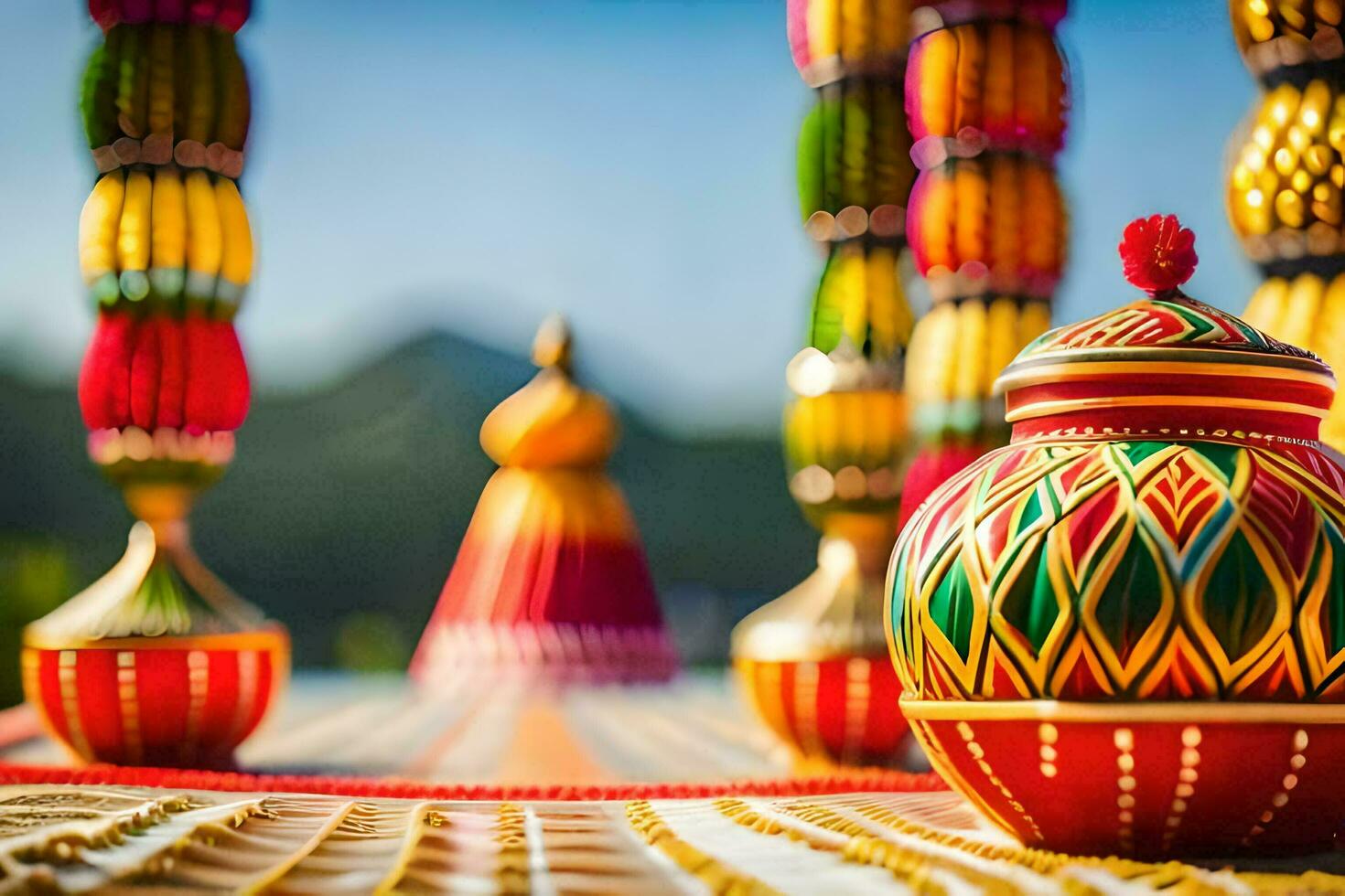 colorful pots and vases on a table. AI-Generated photo
