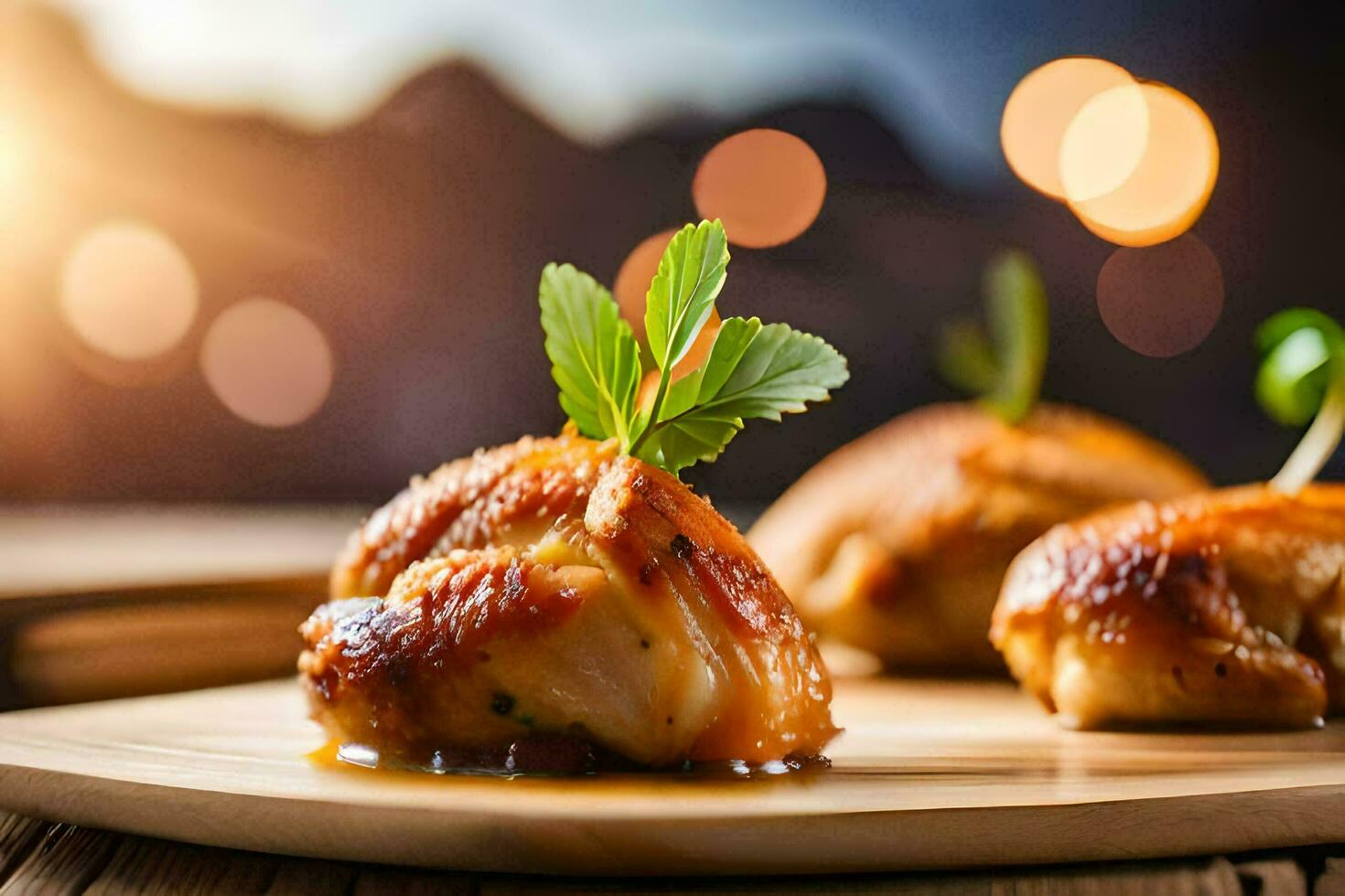 chicken wings on a wooden plate with a green leaf. AI-Generated photo