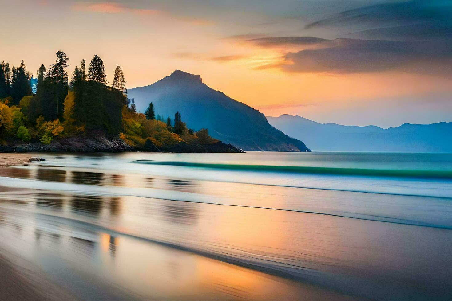 a beautiful sunset on a beach with mountains in the background. AI-Generated photo
