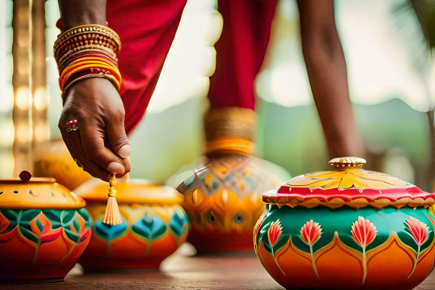 a woman in indian dress is holding a pot. AI-Generated photo