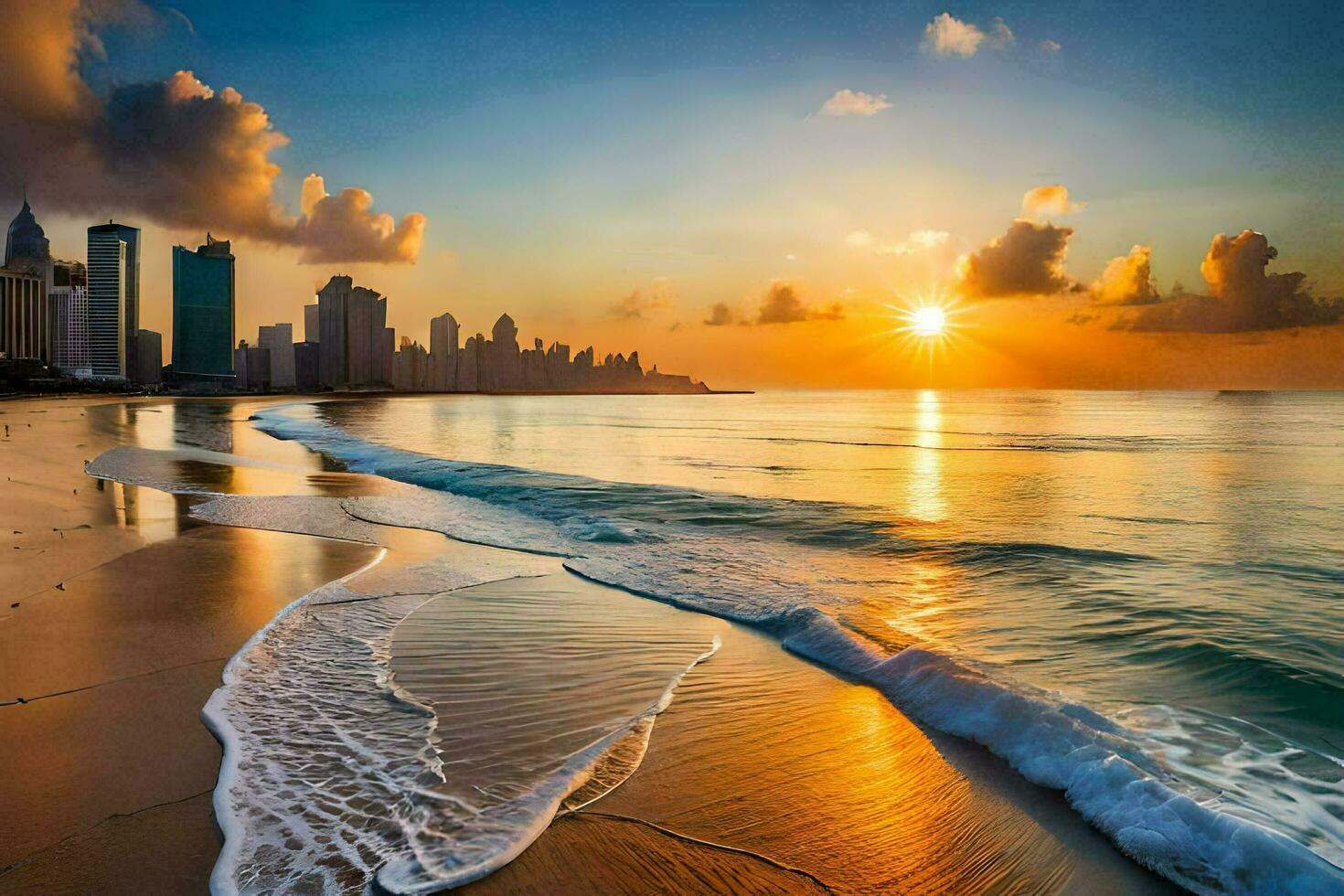 the sun rises over the city skyline in this beautiful photo. AI-Generated photo