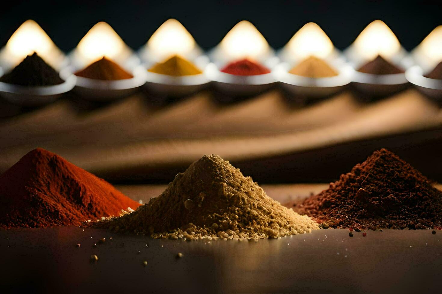 a row of spices and spices on a table. AI-Generated photo