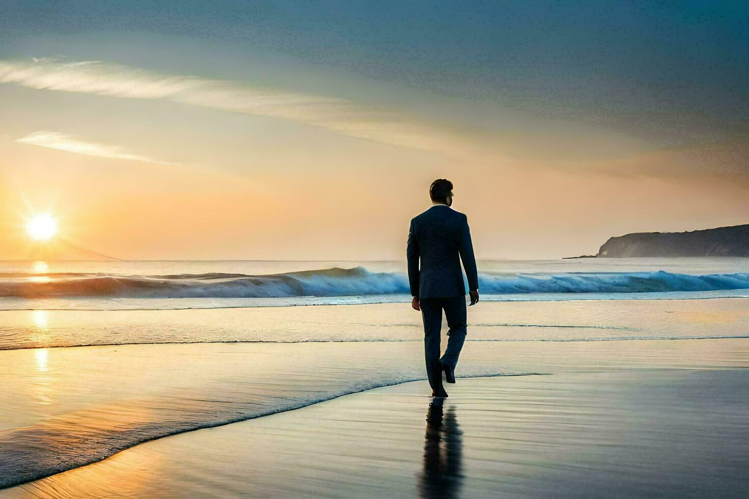 a man in a suit walks on the beach at sunset. AI-Generated photo