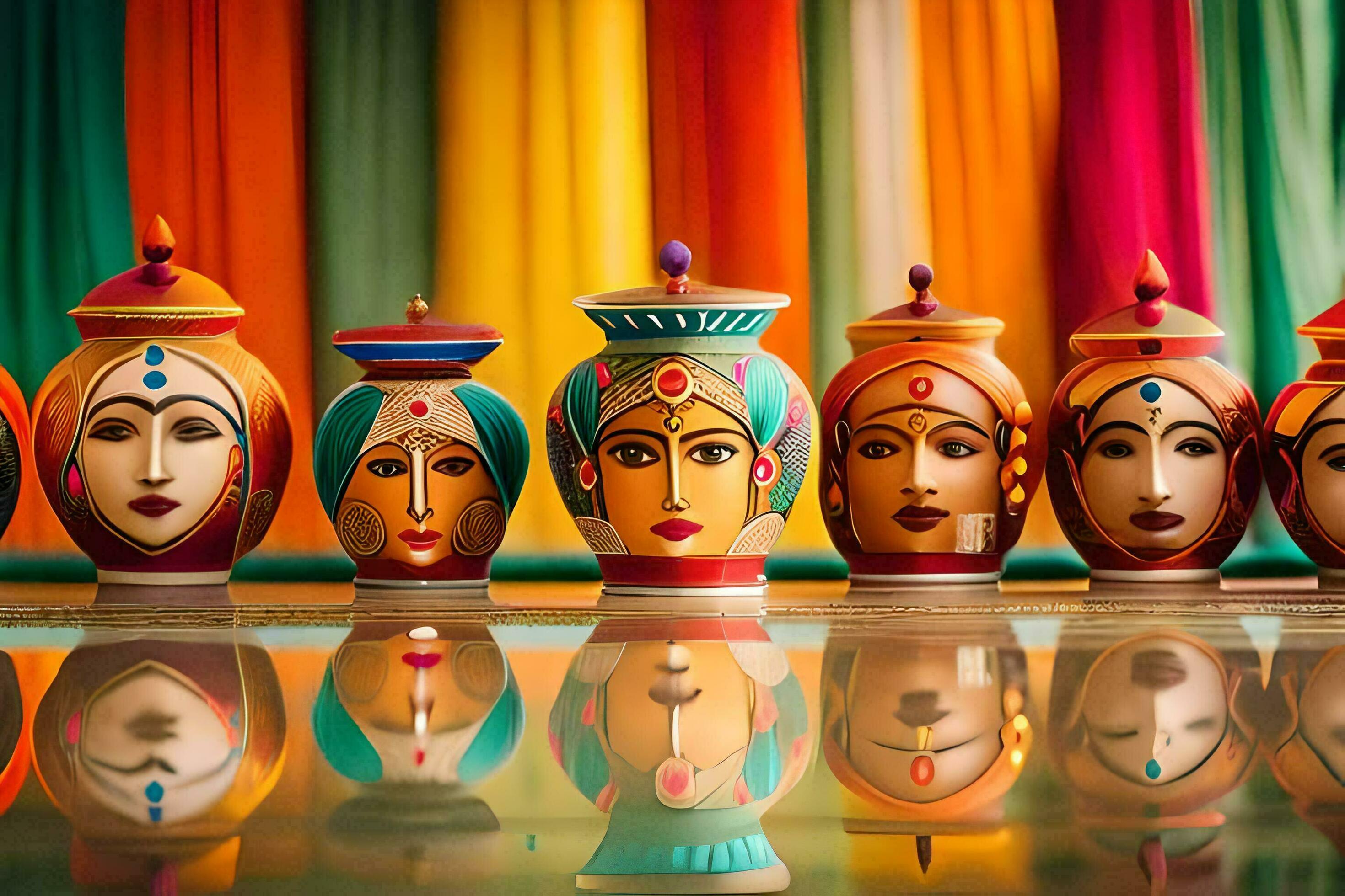 colorful vases with faces on them in front of a curtain. AIGenerated