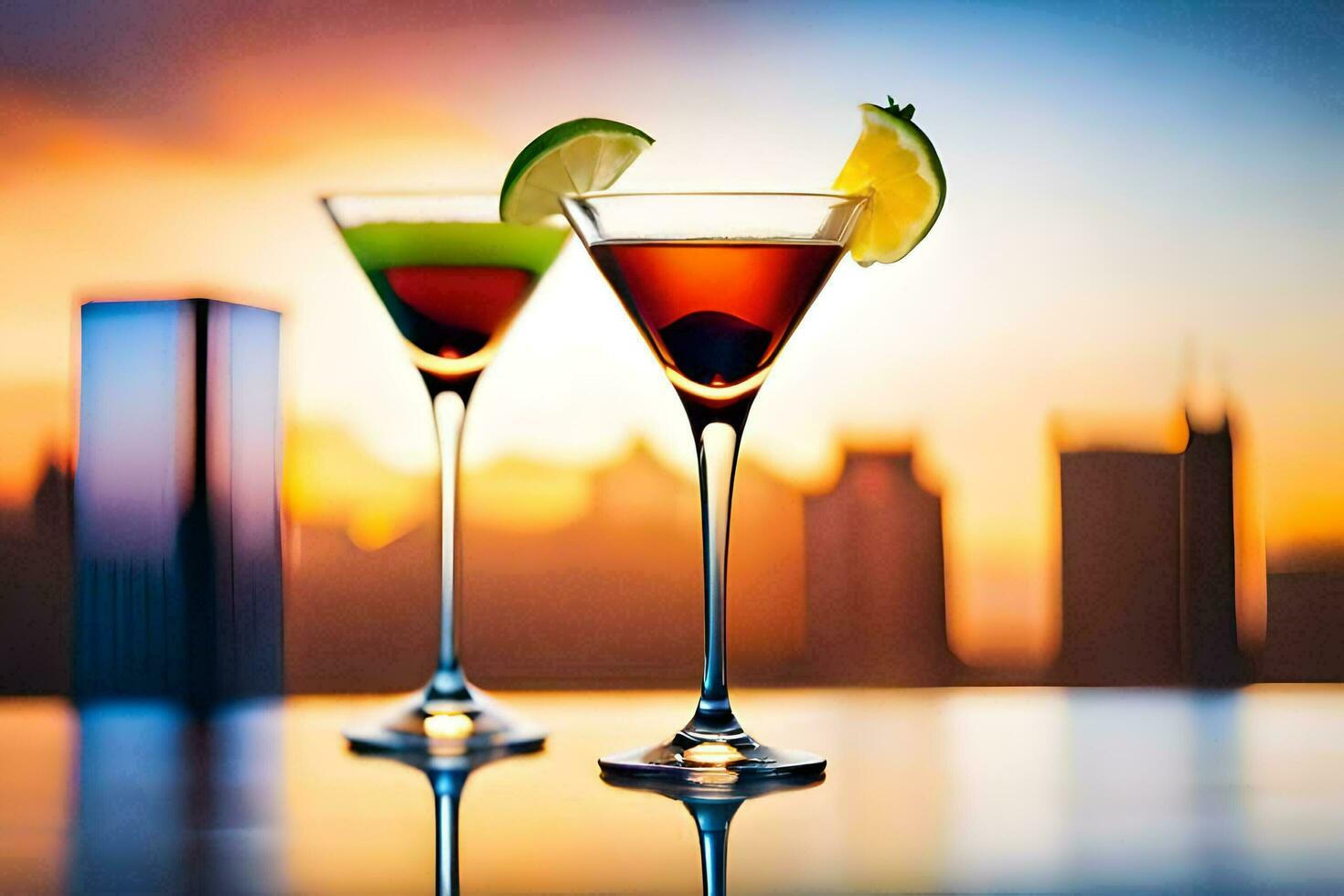 two cocktails on a table with a city skyline in the background. AI-Generated photo