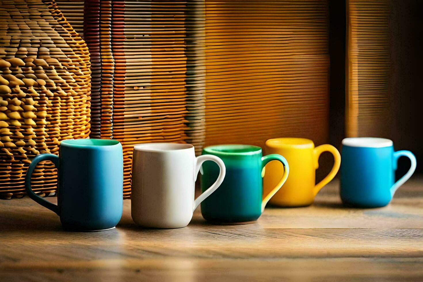 colorful coffee cups lined up on a wooden table. AI-Generated photo